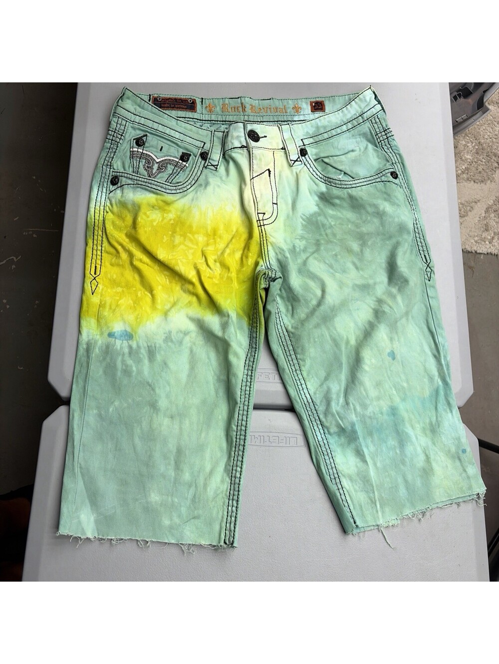 Rock Revival Brayen Green Yellow Tie Dye Denim Embroidered Shorts Size 33